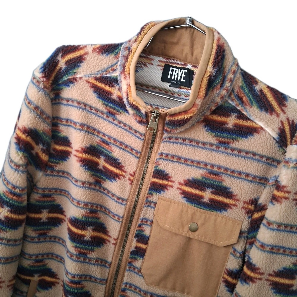FRYE Fleece Sherpa Men's Small Full Zip Tribal Aztec Southwestern Jacket Brown